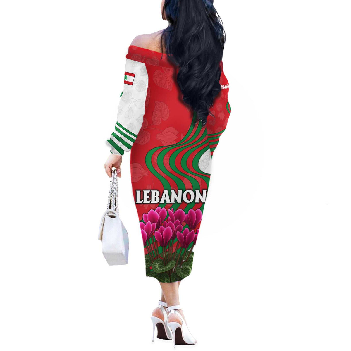 Lebanon Cyclamen Flower Off The Shoulder Long Sleeve Dress with Patriotic Colors and Inspirational Quote