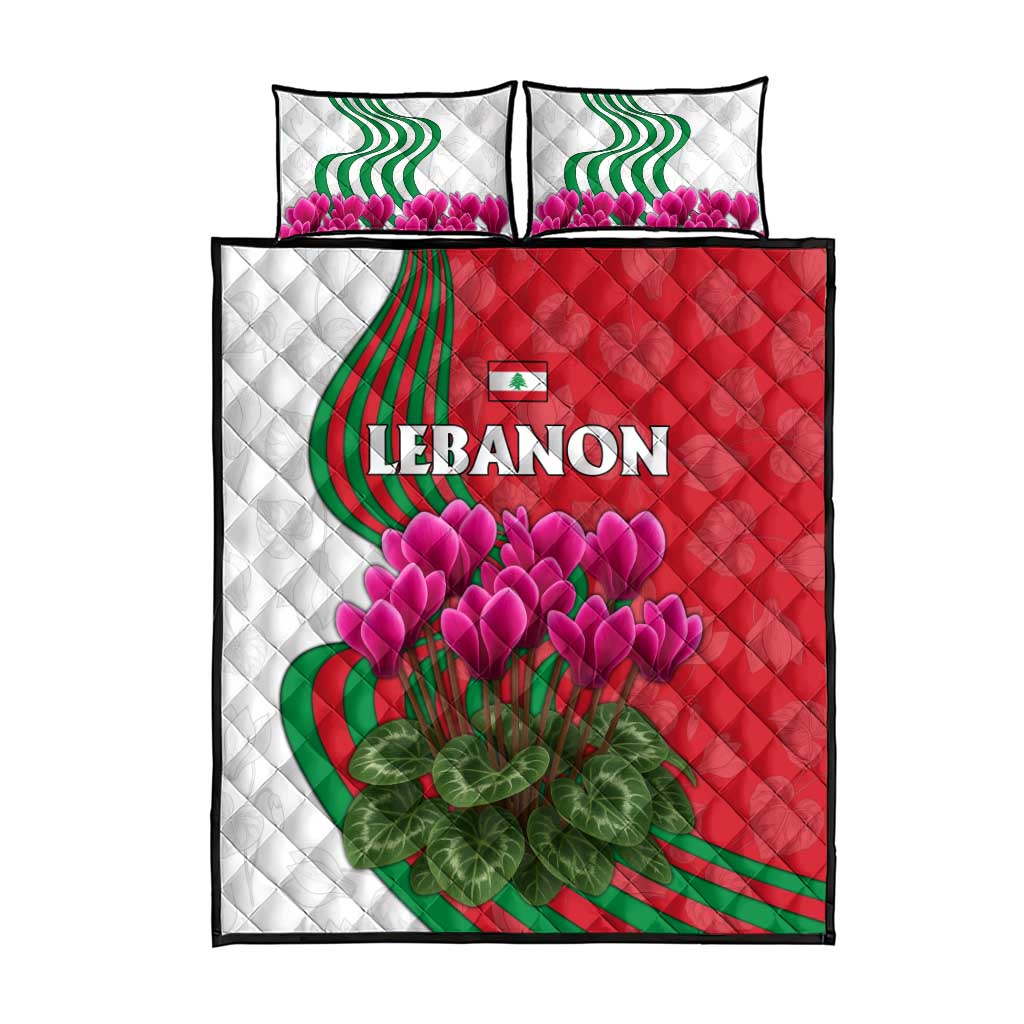 Lebanon Cyclamen Flower Quilt Bed Set with Patriotic Colors and Inspirational Quote