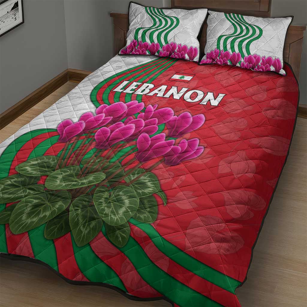 Lebanon Cyclamen Flower Quilt Bed Set with Patriotic Colors and Inspirational Quote