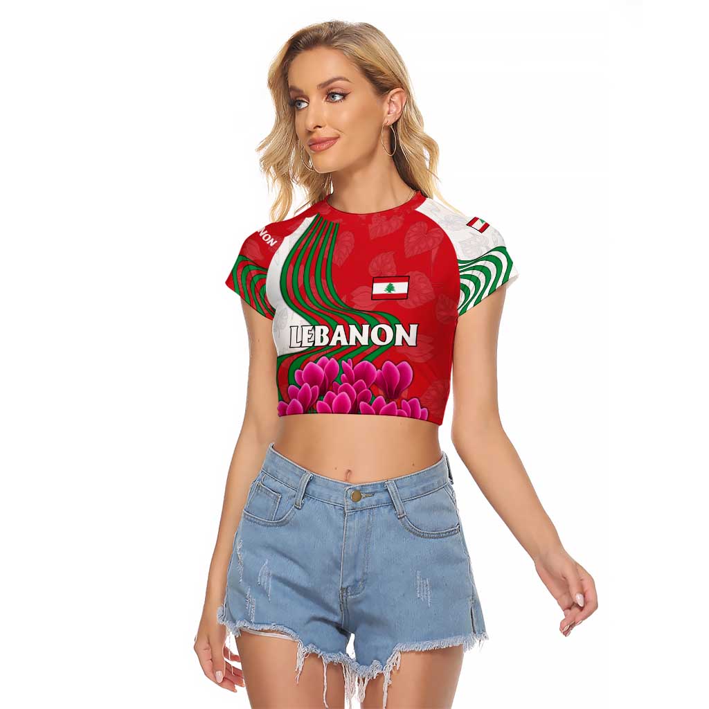 Lebanon Cyclamen Flower Raglan Cropped T Shirt with Patriotic Colors and Inspirational Quote