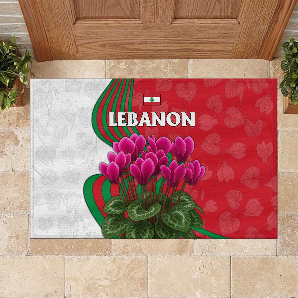 Lebanon Cyclamen Flower Rubber Doormat with Patriotic Colors and Inspirational Quote