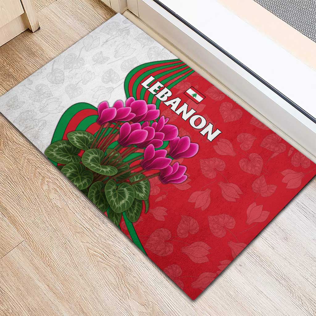 Lebanon Cyclamen Flower Rubber Doormat with Patriotic Colors and Inspirational Quote
