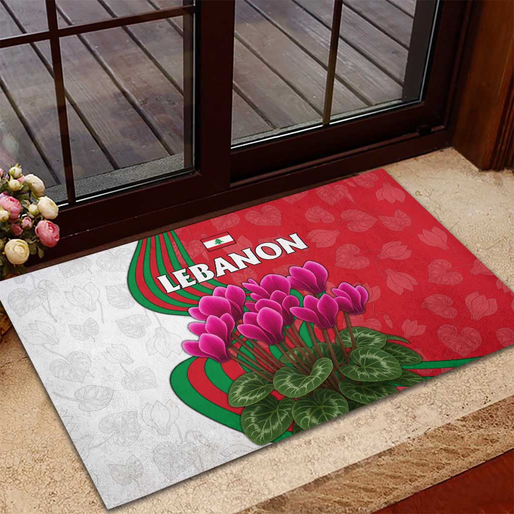 Lebanon Cyclamen Flower Rubber Doormat with Patriotic Colors and Inspirational Quote