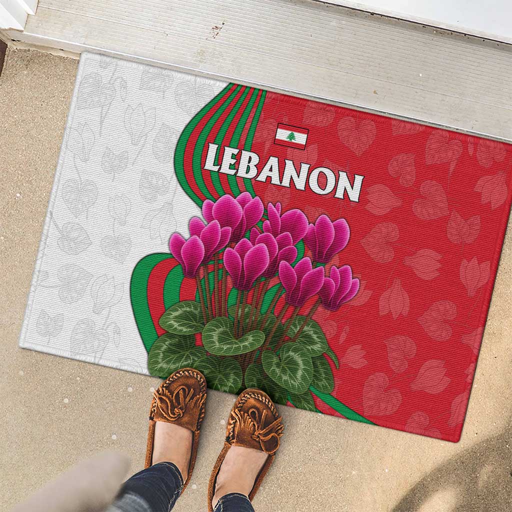 Lebanon Cyclamen Flower Rubber Doormat with Patriotic Colors and Inspirational Quote