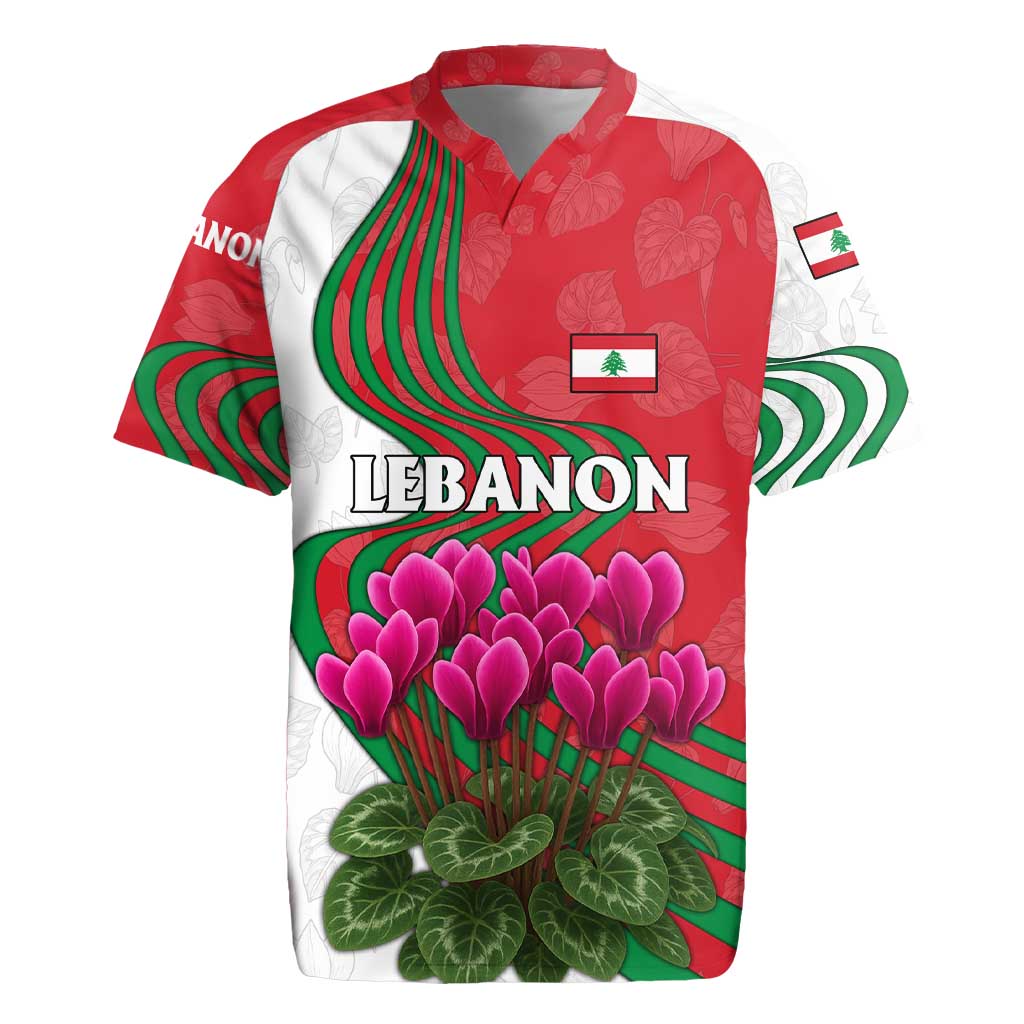 Lebanon Cyclamen Flower Rugby Jersey with Patriotic Colors and Inspirational Quote