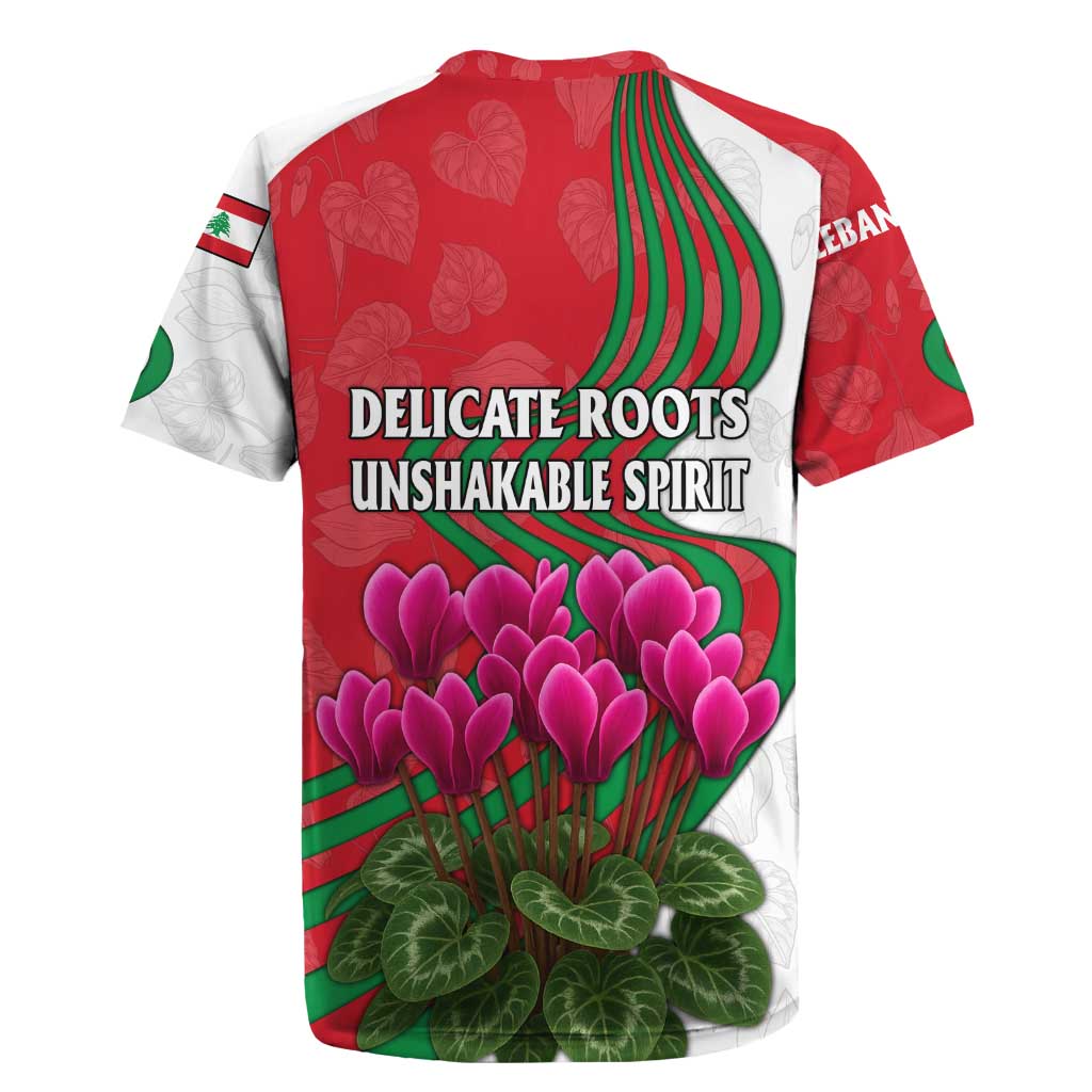 Lebanon Cyclamen Flower Rugby Jersey with Patriotic Colors and Inspirational Quote