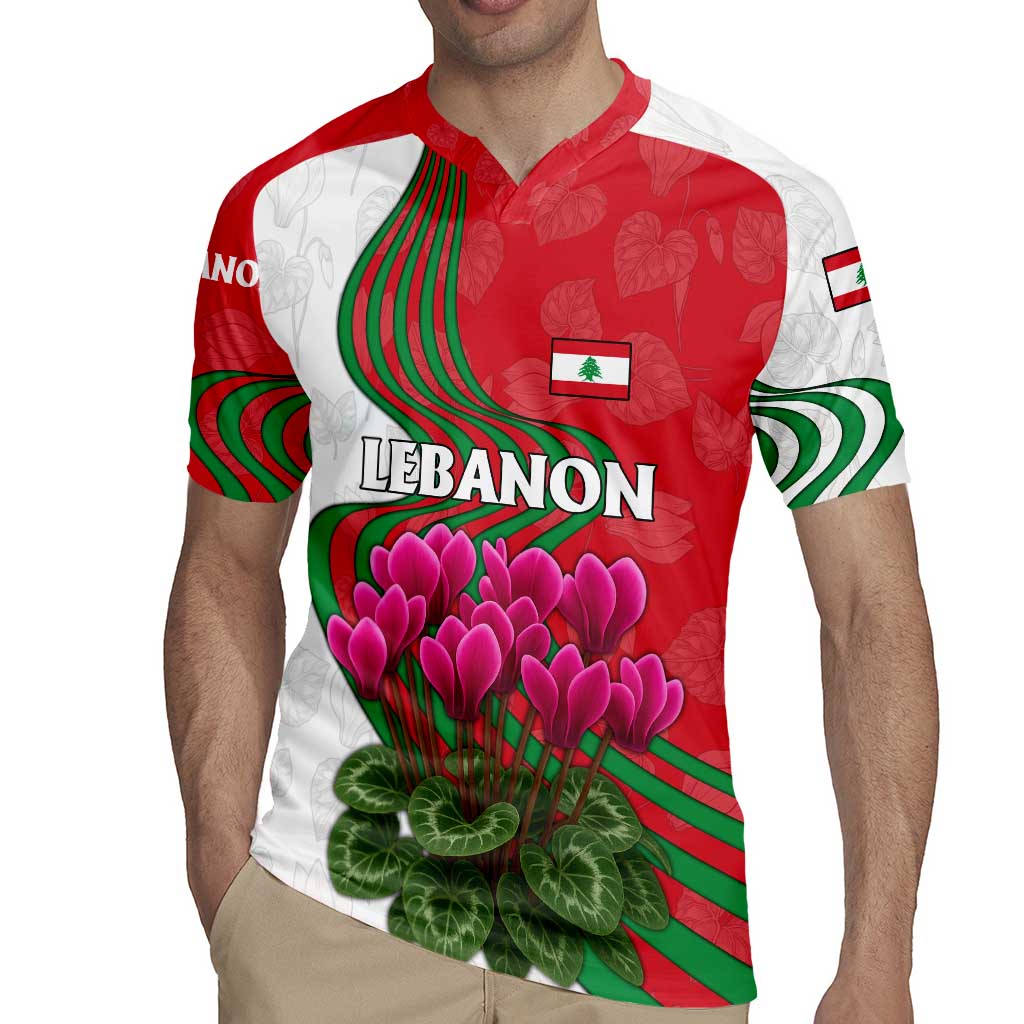 Lebanon Cyclamen Flower Rugby Jersey with Patriotic Colors and Inspirational Quote