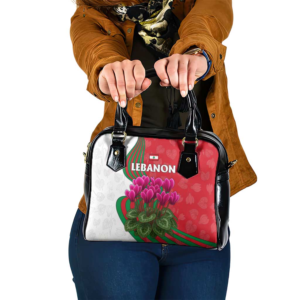 Lebanon Cyclamen Flower Shoulder Handbag with Patriotic Colors and Inspirational Quote