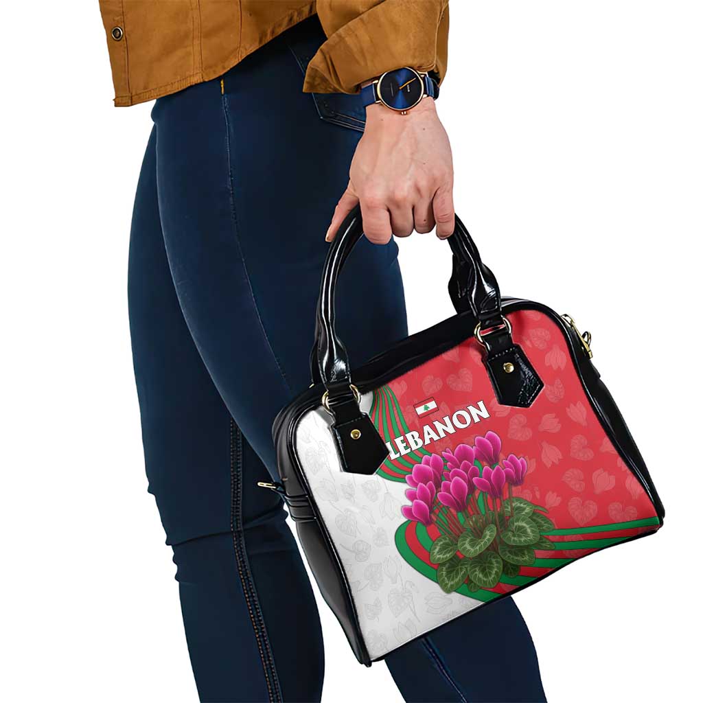 Lebanon Cyclamen Flower Shoulder Handbag with Patriotic Colors and Inspirational Quote