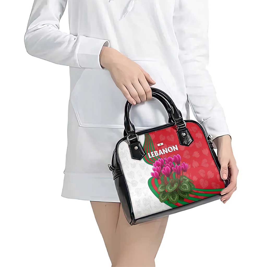 Lebanon Cyclamen Flower Shoulder Handbag with Patriotic Colors and Inspirational Quote