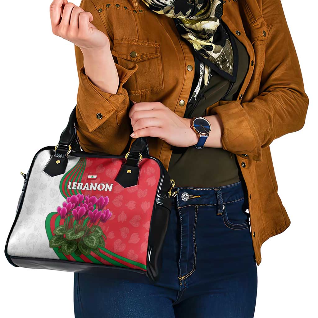 Lebanon Cyclamen Flower Shoulder Handbag with Patriotic Colors and Inspirational Quote