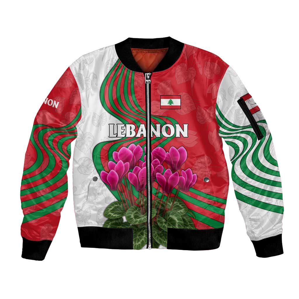 Lebanon Cyclamen Flower Sleeve Zip Bomber Jacket with Patriotic Colors and Inspirational Quote