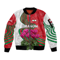 Lebanon Cyclamen Flower Sleeve Zip Bomber Jacket with Patriotic Colors and Inspirational Quote