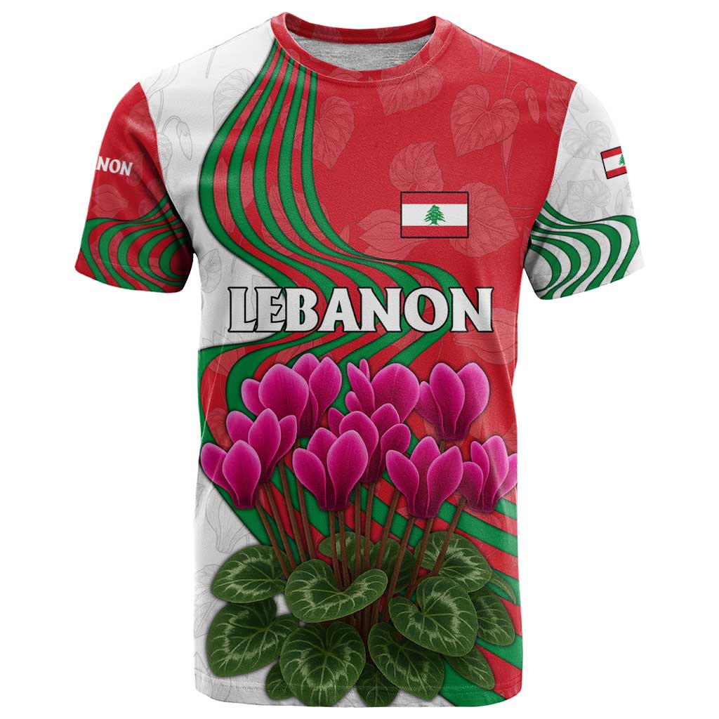 Lebanon Cyclamen Flower T Shirt with Patriotic Colors and Inspirational Quote