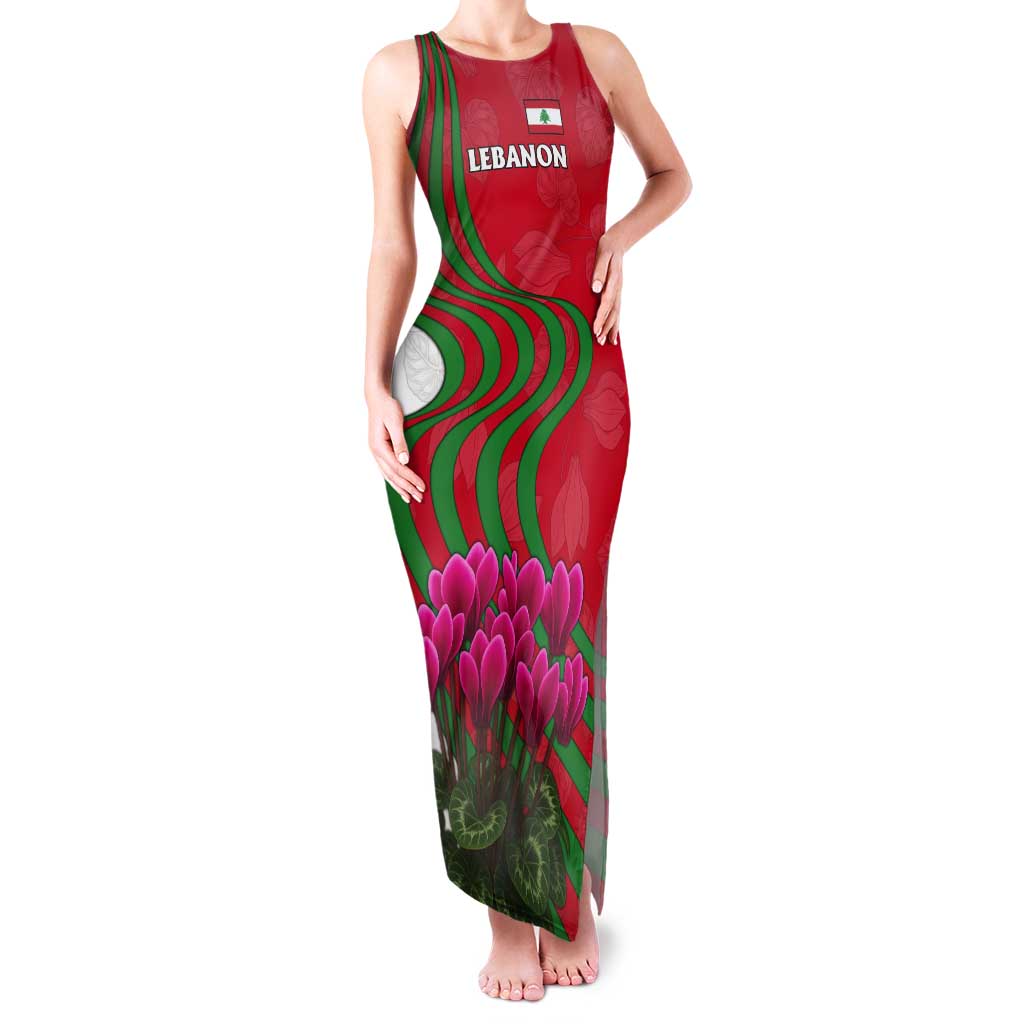 Lebanon Cyclamen Flower Tank Maxi Dress with Patriotic Colors and Inspirational Quote