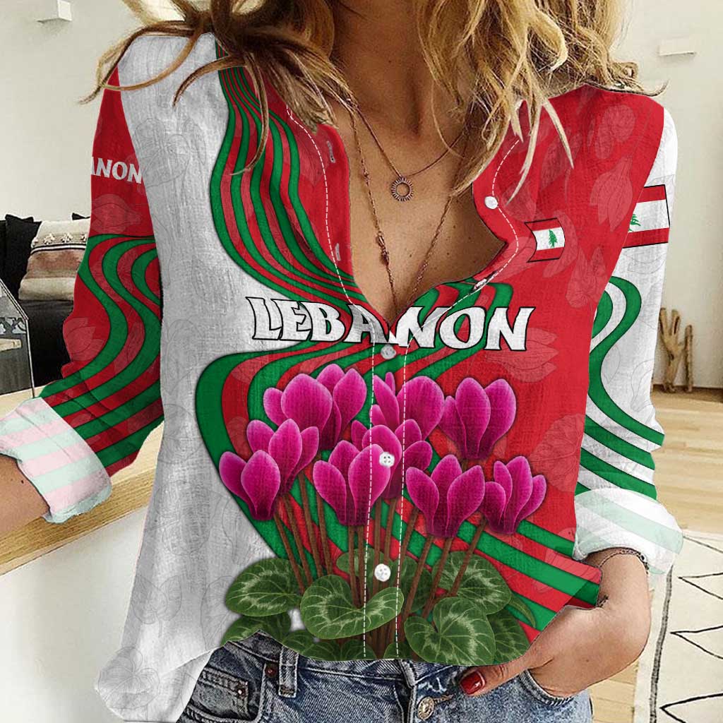 Lebanon Cyclamen Flower Women Casual Shirt with Patriotic Colors and Inspirational Quote