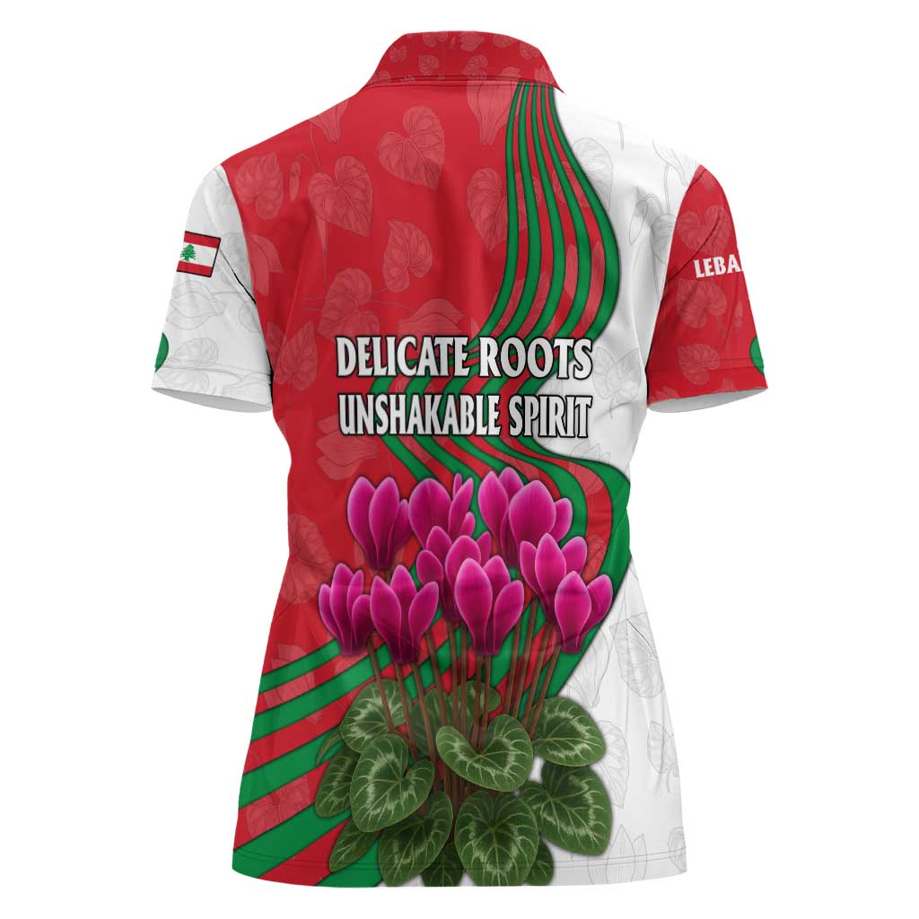 Lebanon Cyclamen Flower Women Polo Shirt with Patriotic Colors and Inspirational Quote