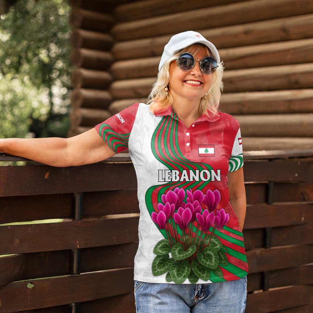 Lebanon Cyclamen Flower Women Polo Shirt with Patriotic Colors and Inspirational Quote