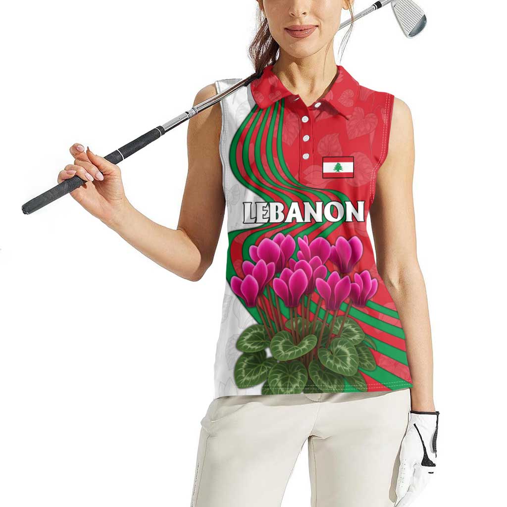Lebanon Cyclamen Flower Women Sleeveless Polo Shirt with Patriotic Colors and Inspirational Quote