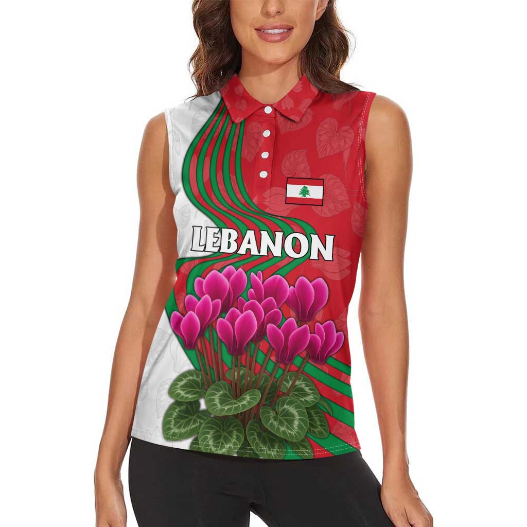 Lebanon Cyclamen Flower Women Sleeveless Polo Shirt with Patriotic Colors and Inspirational Quote