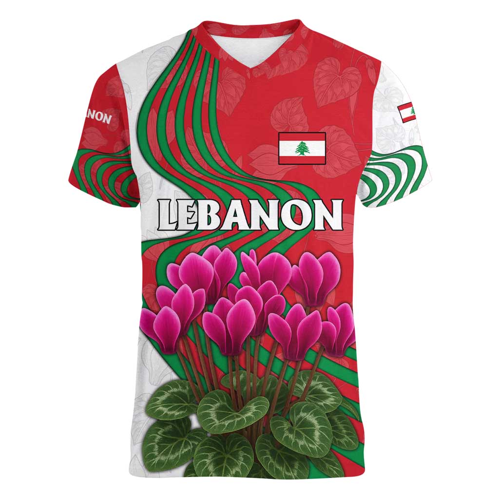Lebanon Cyclamen Flower Women V-Neck T-Shirt with Patriotic Colors and Inspirational Quote