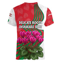 Lebanon Cyclamen Flower Women V-Neck T-Shirt with Patriotic Colors and Inspirational Quote