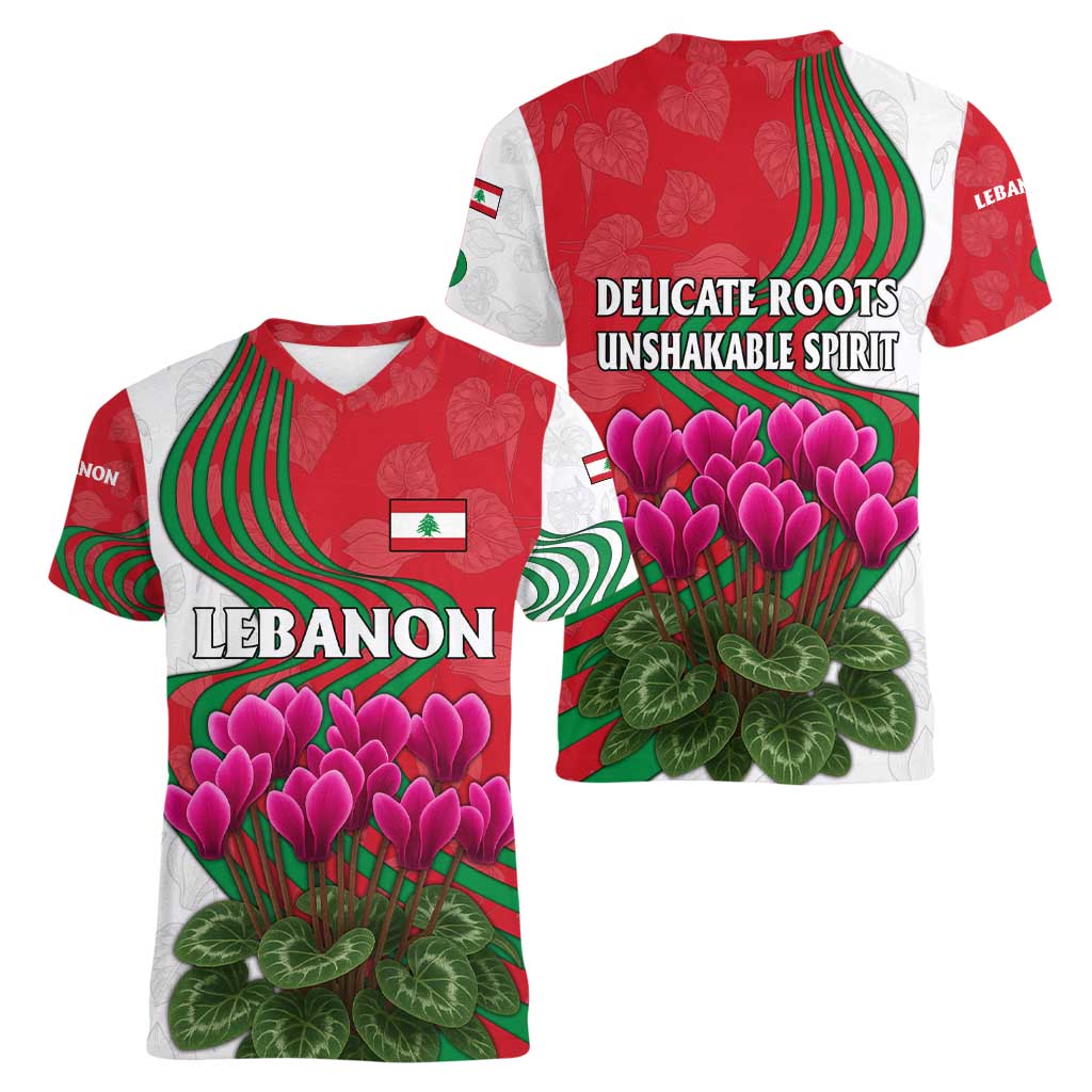 Lebanon Cyclamen Flower Women V-Neck T-Shirt with Patriotic Colors and Inspirational Quote