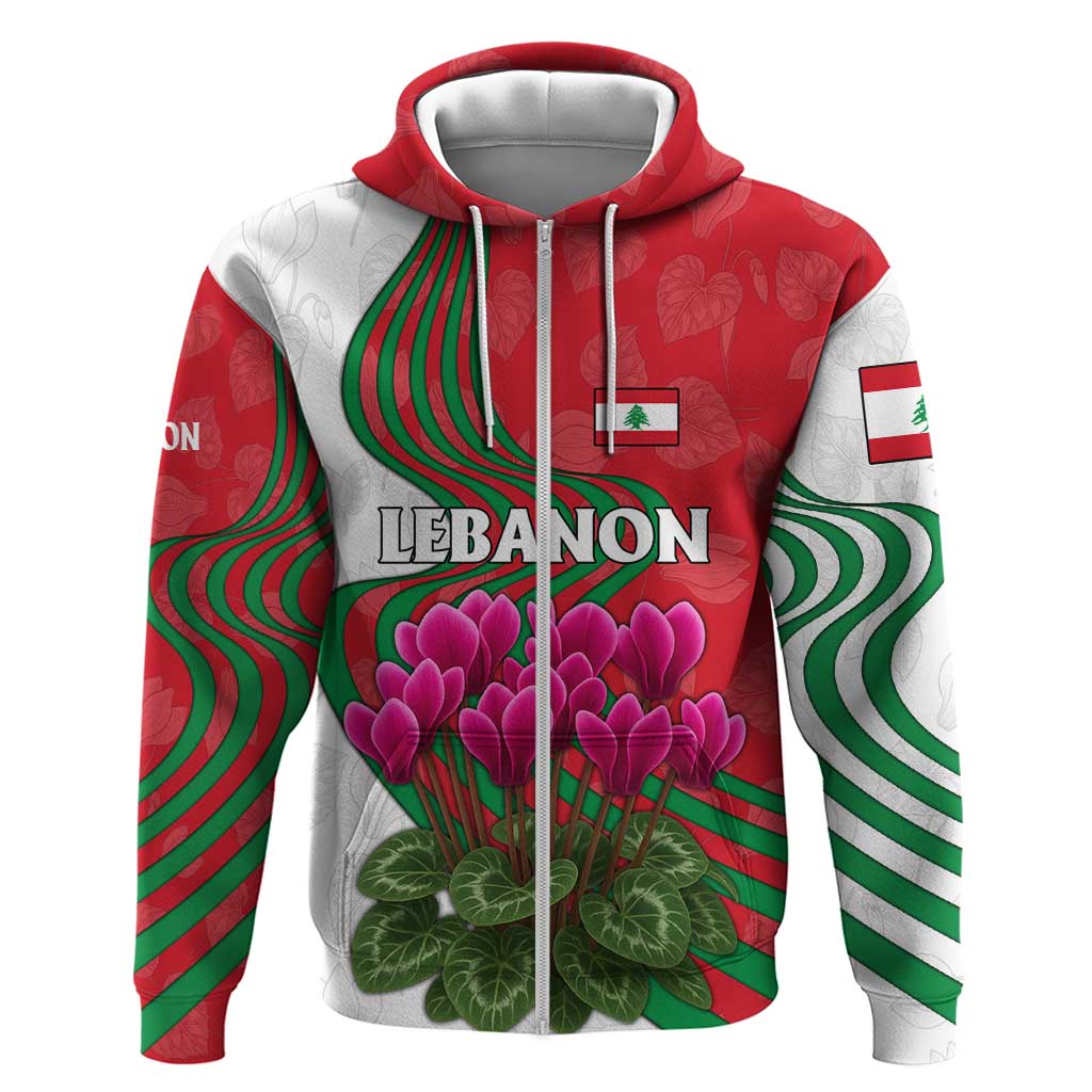 Lebanon Cyclamen Flower Zip Hoodie with Patriotic Colors and Inspirational Quote