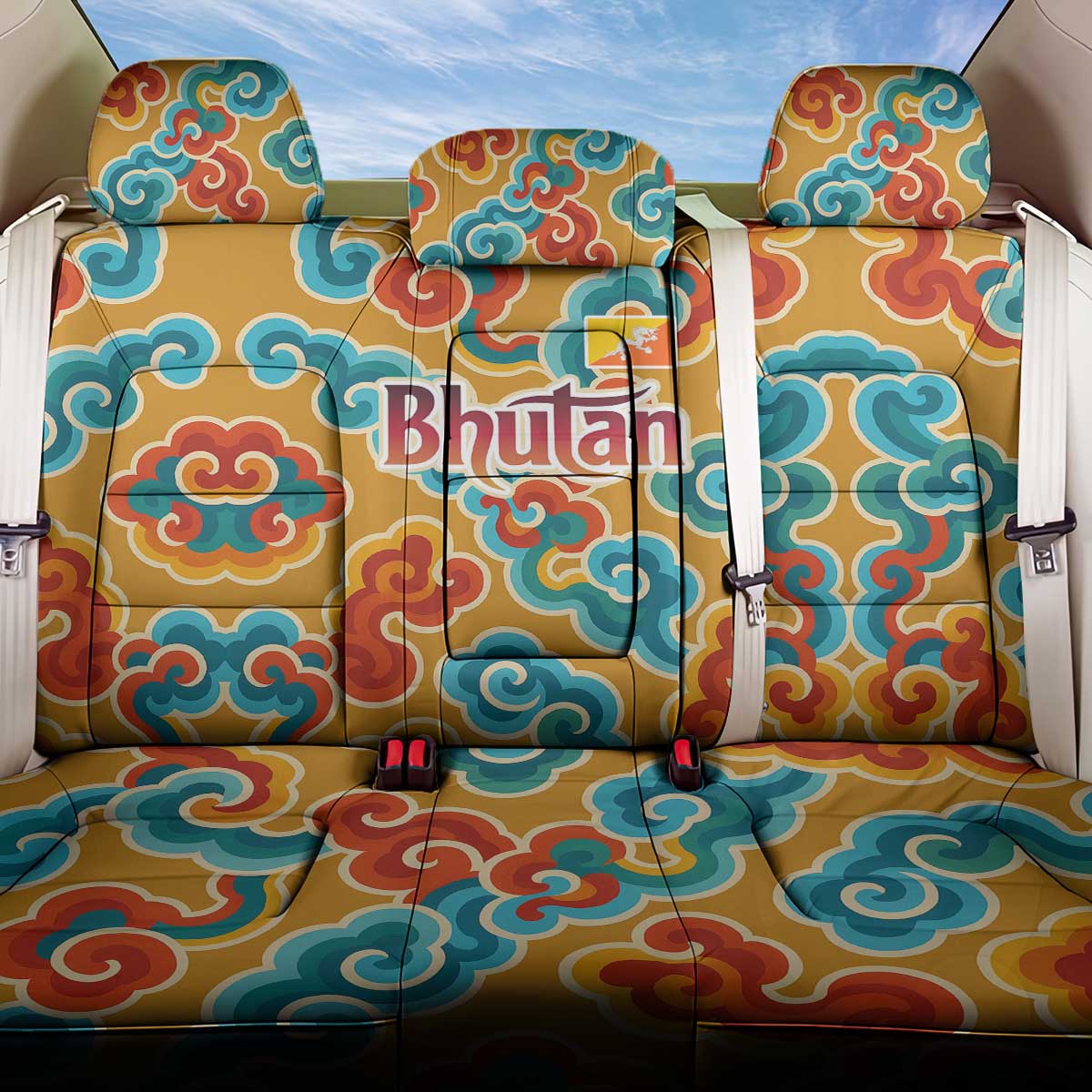 Bhutan Dragon Back Car Seat Cover with Traditional Cloud Motif in Vibrant Himalayan Colors