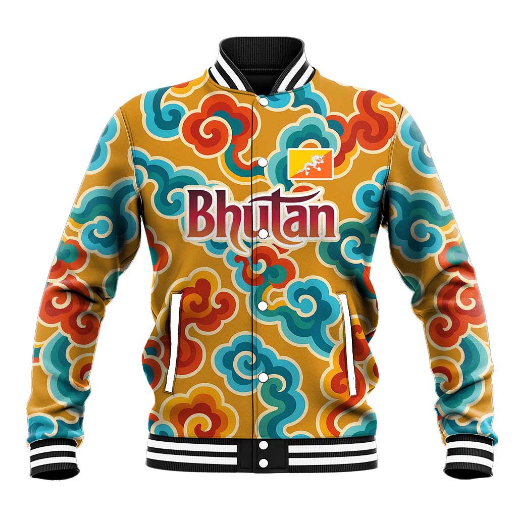 Bhutan Dragon Baseball Jacket with Traditional Cloud Motif in Vibrant Himalayan Colors