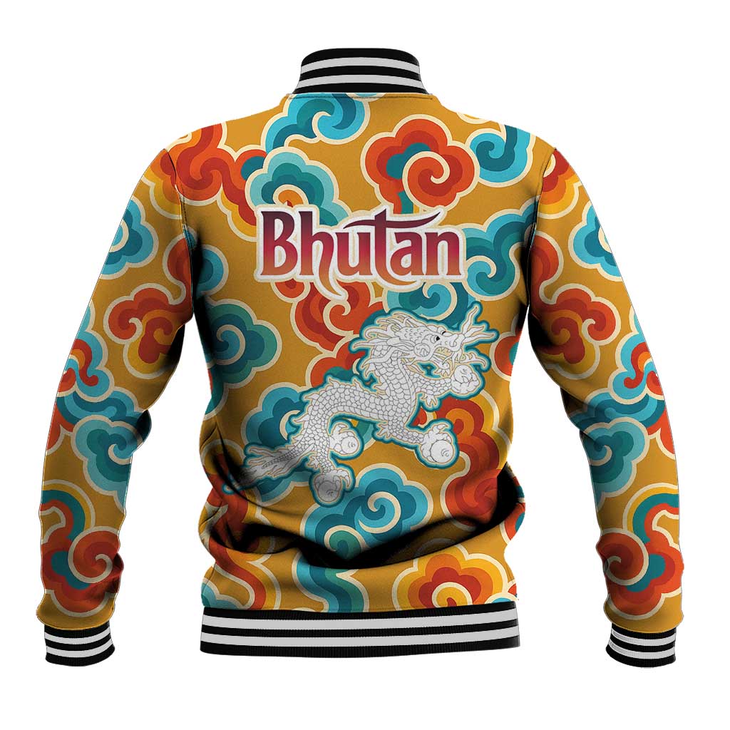 Bhutan Dragon Baseball Jacket with Traditional Cloud Motif in Vibrant Himalayan Colors
