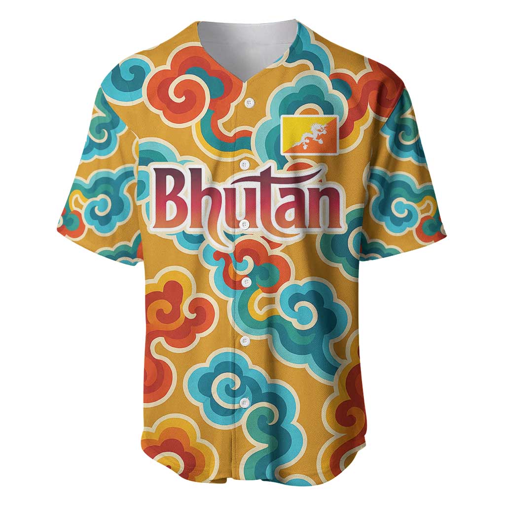 Bhutan Dragon Baseball Jersey with Traditional Cloud Motif in Vibrant Himalayan Colors