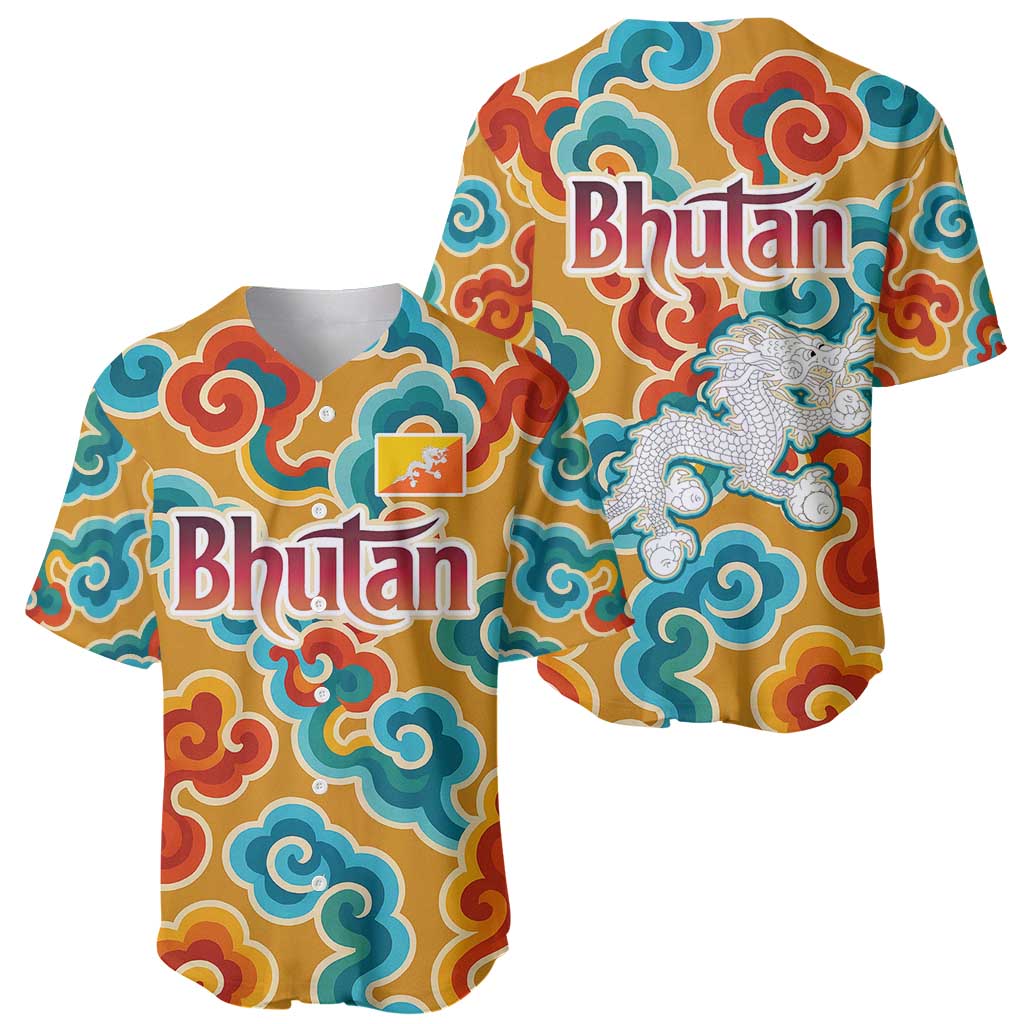 Bhutan Dragon Baseball Jersey with Traditional Cloud Motif in Vibrant Himalayan Colors