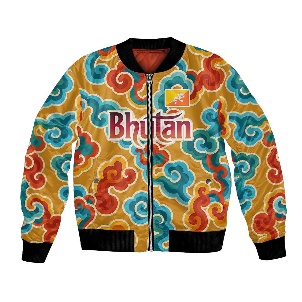 Bhutan Dragon Bomber Jacket with Traditional Cloud Motif in Vibrant Himalayan Colors