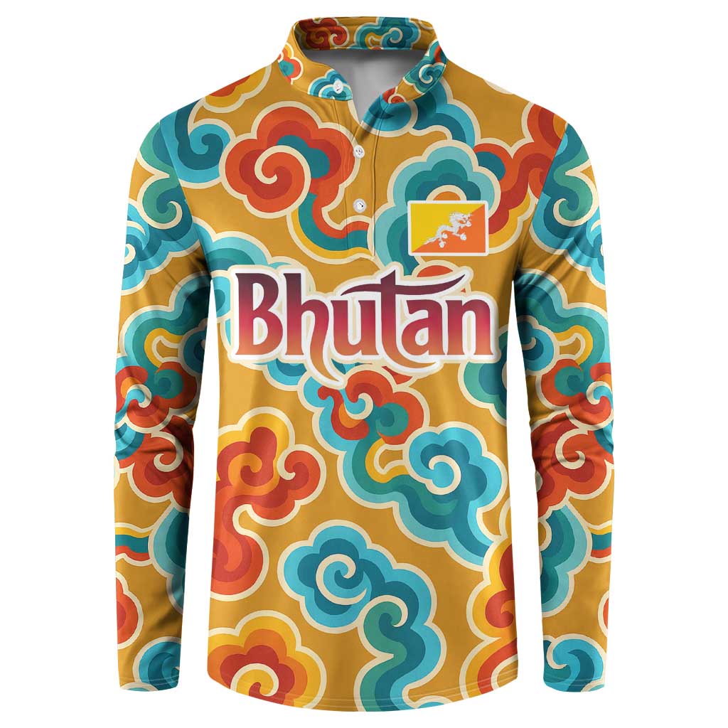 Bhutan Dragon Button Sweatshirt with Traditional Cloud Motif in Vibrant Himalayan Colors