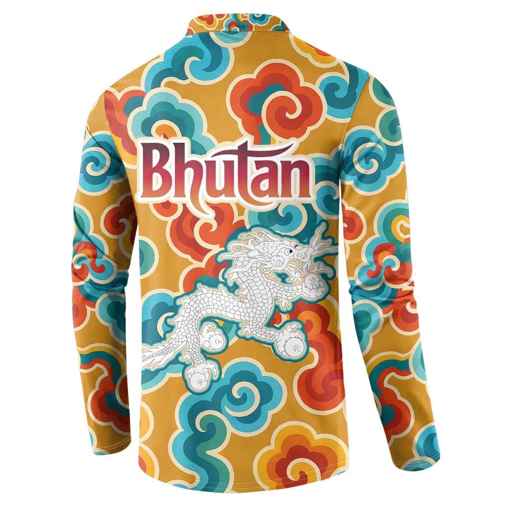 Bhutan Dragon Button Sweatshirt with Traditional Cloud Motif in Vibrant Himalayan Colors