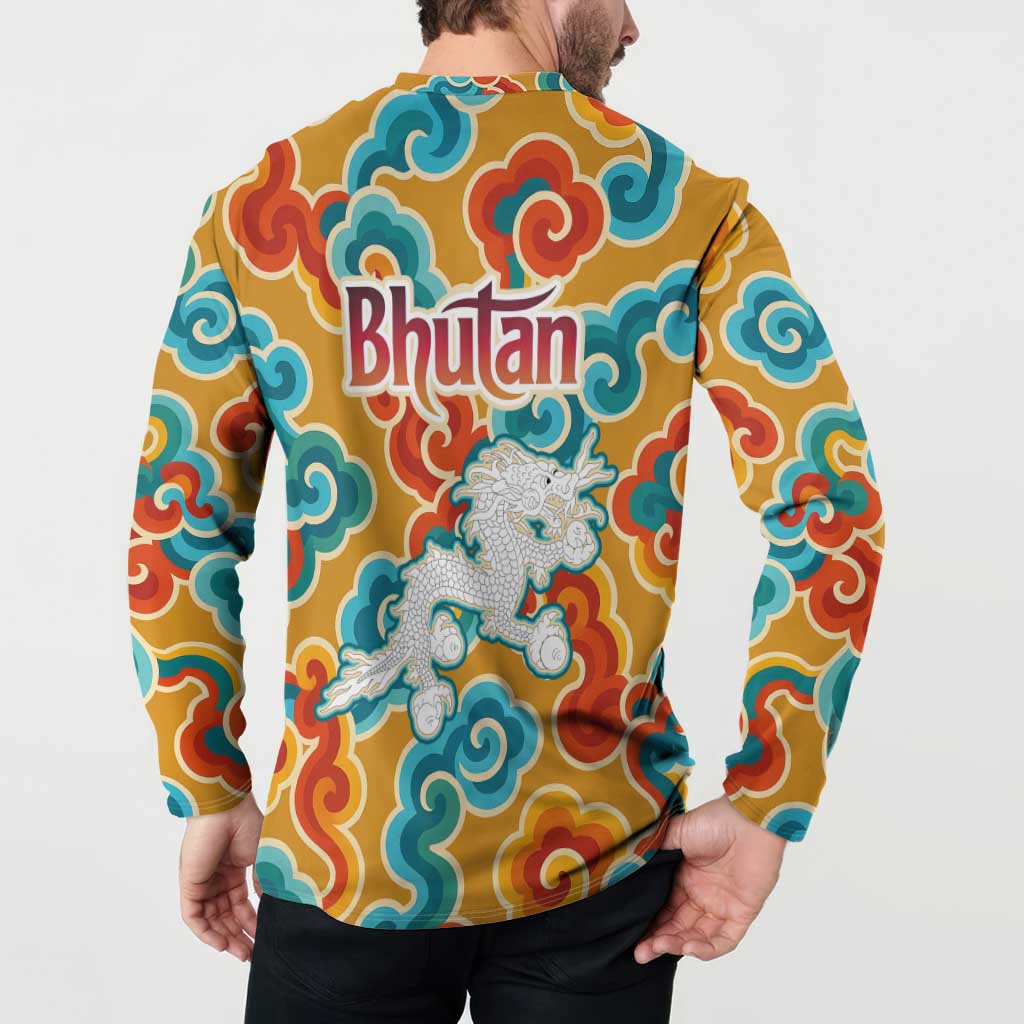 Bhutan Dragon Button Sweatshirt with Traditional Cloud Motif in Vibrant Himalayan Colors