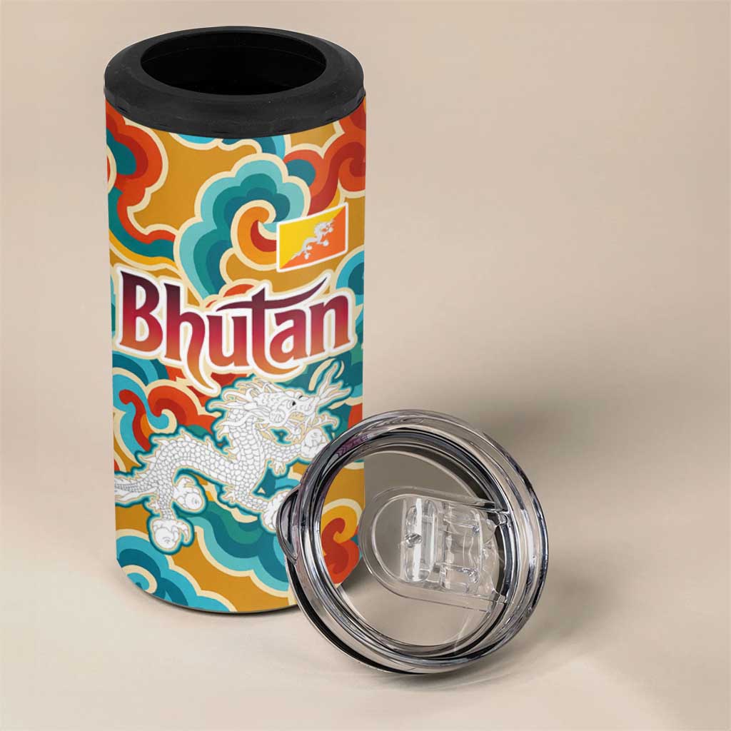 Bhutan Dragon 4 in 1 Can Cooler Tumbler with Traditional Cloud Motif in Vibrant Himalayan Colors