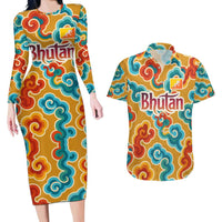 Bhutan Dragon Couples Matching Long Sleeve Bodycon Dress and Hawaiian Shirt with Traditional Cloud Motif in Vibrant Himalayan Colors