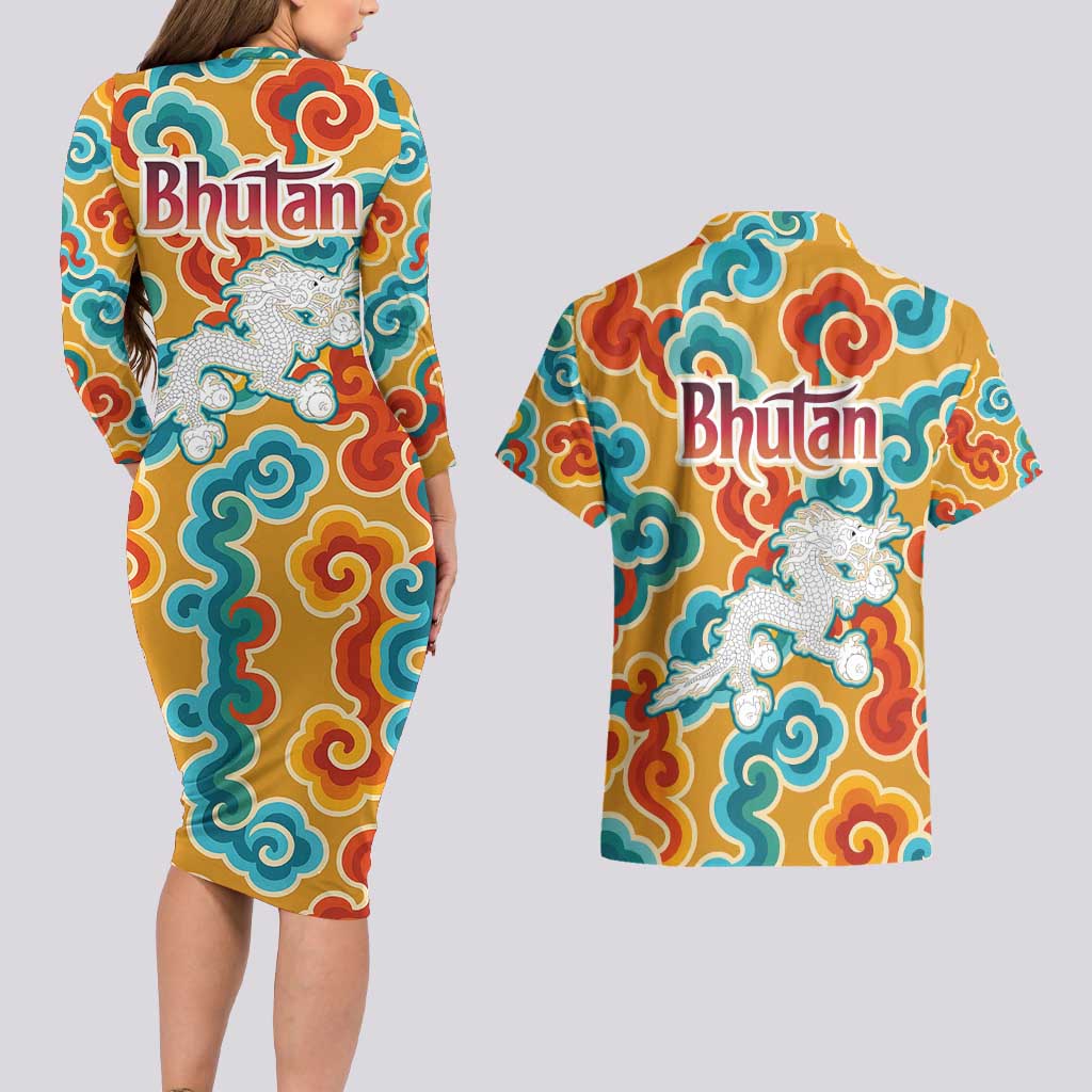 Bhutan Dragon Couples Matching Long Sleeve Bodycon Dress and Hawaiian Shirt with Traditional Cloud Motif in Vibrant Himalayan Colors
