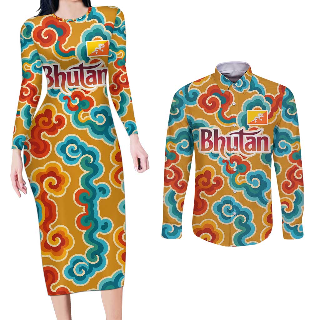 Bhutan Dragon Couples Matching Long Sleeve Bodycon Dress and Long Sleeve Button Shirt with Traditional Cloud Motif in Vibrant Himalayan Colors