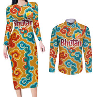 Bhutan Dragon Couples Matching Long Sleeve Bodycon Dress and Long Sleeve Button Shirt with Traditional Cloud Motif in Vibrant Himalayan Colors