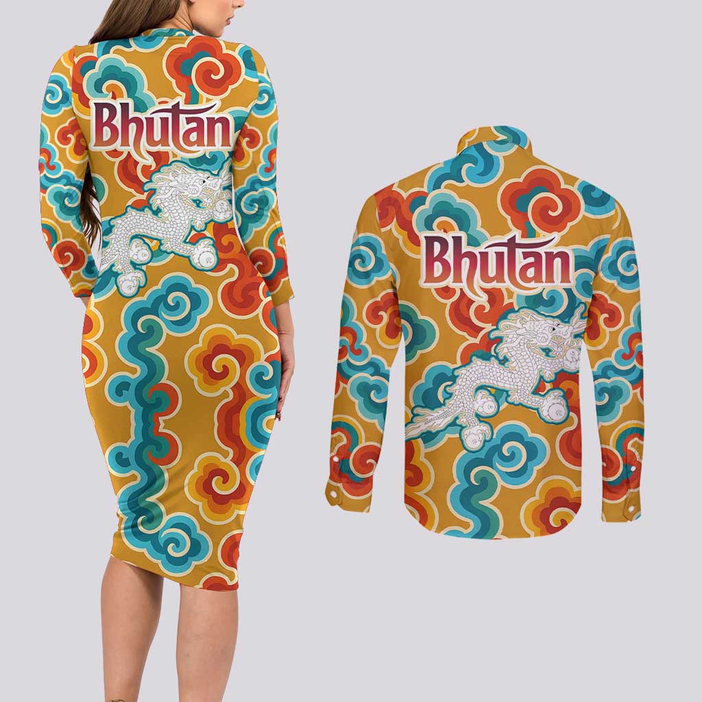 Bhutan Dragon Couples Matching Long Sleeve Bodycon Dress and Long Sleeve Button Shirt with Traditional Cloud Motif in Vibrant Himalayan Colors