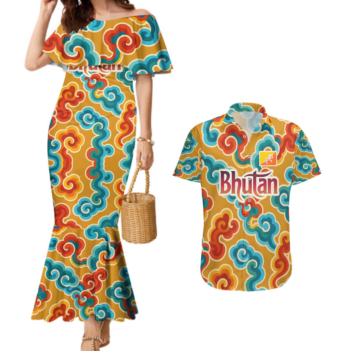 Bhutan Dragon Couples Matching Mermaid Dress and Hawaiian Shirt with Traditional Cloud Motif in Vibrant Himalayan Colors