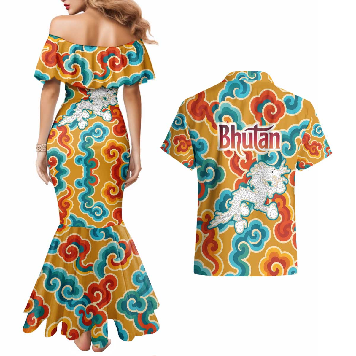 Bhutan Dragon Couples Matching Mermaid Dress and Hawaiian Shirt with Traditional Cloud Motif in Vibrant Himalayan Colors