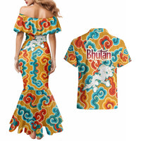 Bhutan Dragon Couples Matching Mermaid Dress and Hawaiian Shirt with Traditional Cloud Motif in Vibrant Himalayan Colors