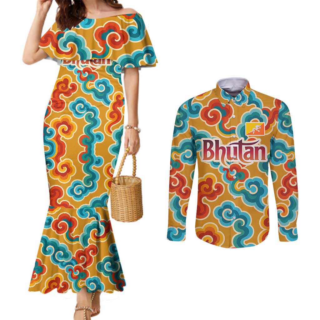 Bhutan Dragon Couples Matching Mermaid Dress and Long Sleeve Button Shirt with Traditional Cloud Motif in Vibrant Himalayan Colors
