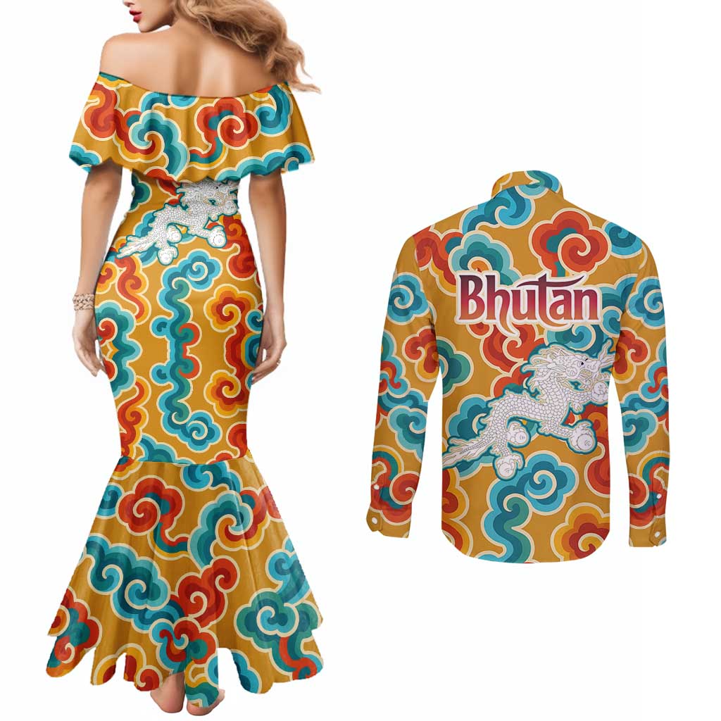 Bhutan Dragon Couples Matching Mermaid Dress and Long Sleeve Button Shirt with Traditional Cloud Motif in Vibrant Himalayan Colors