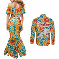 Bhutan Dragon Couples Matching Mermaid Dress and Long Sleeve Button Shirt with Traditional Cloud Motif in Vibrant Himalayan Colors