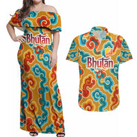 Bhutan Dragon Couples Matching Off Shoulder Maxi Dress and Hawaiian Shirt with Traditional Cloud Motif in Vibrant Himalayan Colors